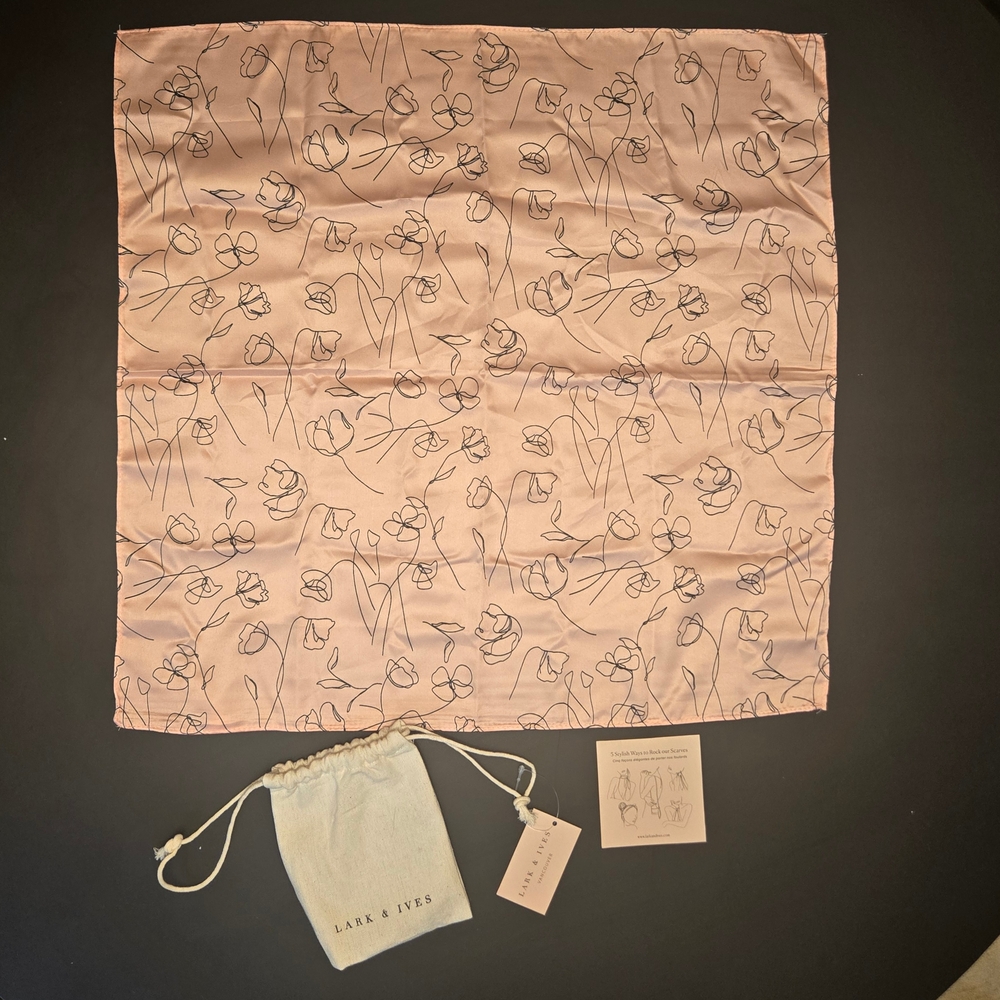 Lark & Ives Pink Floral Satin Scarf | Soft Square Hair/Neck Scarf NWT